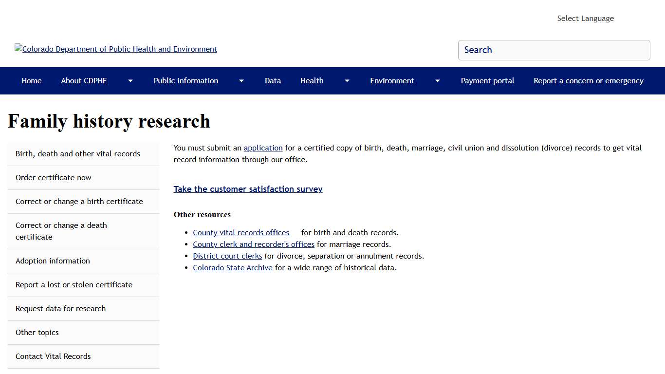Family history research Colorado Department of Public Health and Environment