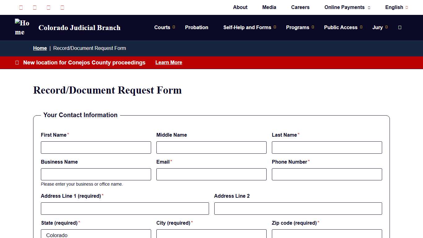Record/Document Request Form Colorado Judicial Branch